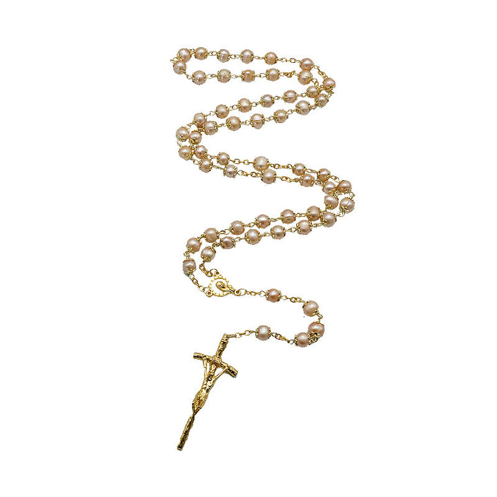 Virgin Mary & Crucifix of 7*8 mm Round Champagne Pearl Alloy Chain Rosary