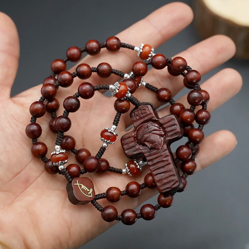 Jesus Cross of 8 mm Round Brown/Black Sandalwood Nylon Cord Rosary