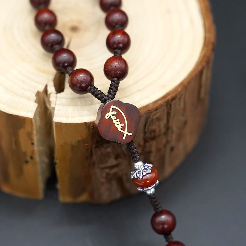 Jesus Cross of 8 mm Round Brown/Black Sandalwood Nylon Cord Rosary