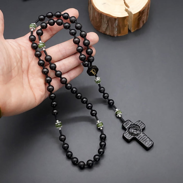 Jesus Cross of 8 mm Round Brown/Black Sandalwood Nylon Cord Rosary