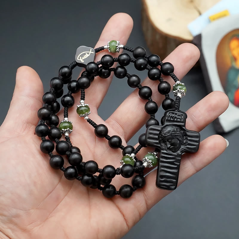 Jesus Cross of 8 mm Round Brown/Black Sandalwood Nylon Cord Rosary