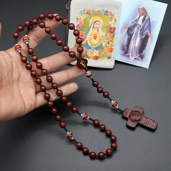 Jesus Cross of 8 mm Round Brown/Black Sandalwood Nylon Cord Rosary