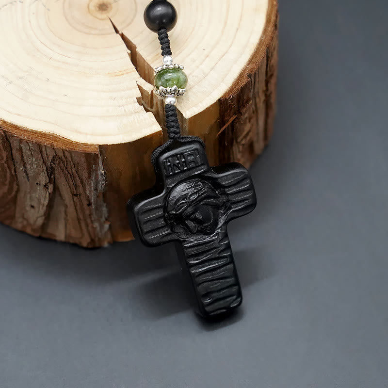 Jesus Cross of 8 mm Round Brown/Black Sandalwood Nylon Cord Rosary