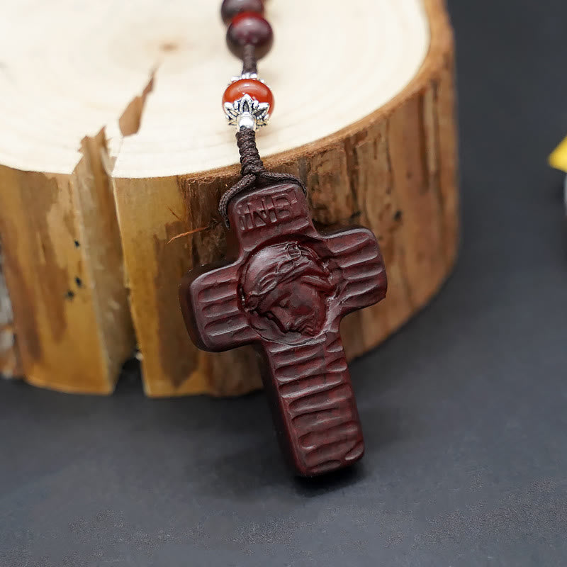 Jesus Cross of 8 mm Round Brown/Black Sandalwood Nylon Cord Rosary