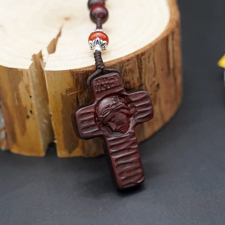 Jesus Cross of 8 mm Round Brown/Black Sandalwood Nylon Cord Rosary