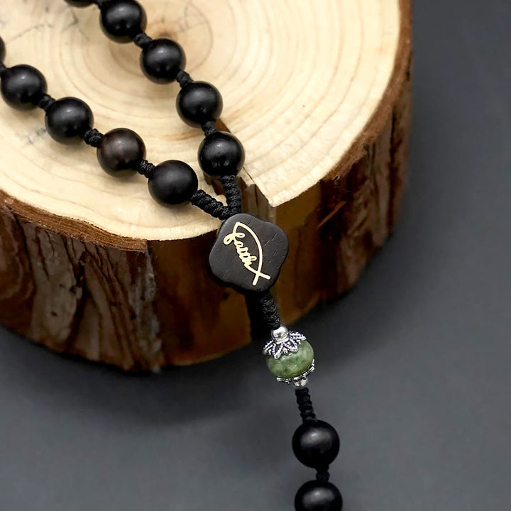Jesus Cross of 8 mm Round Brown/Black Sandalwood Nylon Cord Rosary