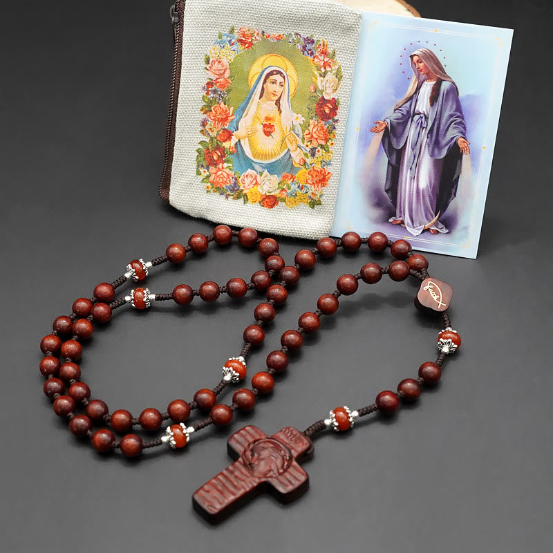 Jesus Cross of 8 mm Round Brown/Black Sandalwood Nylon Cord Rosary