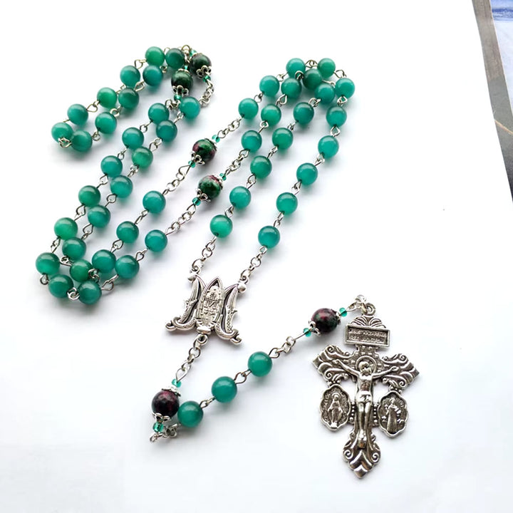 Miraculous Medal & St. Benedict Medal & Crucifix of 8 mm Round Green Cat's Eye Stone Alloy Chain Rosary