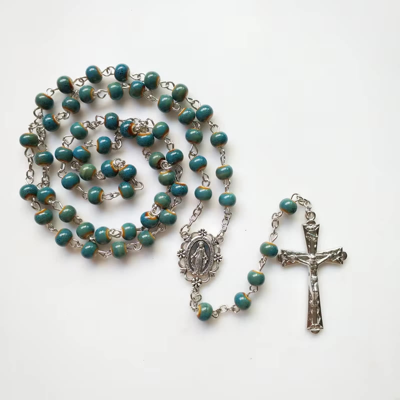 Miraculous Medal & Crucifix of 6 mm Round Blue Ceramic Alloy Chain Rosary