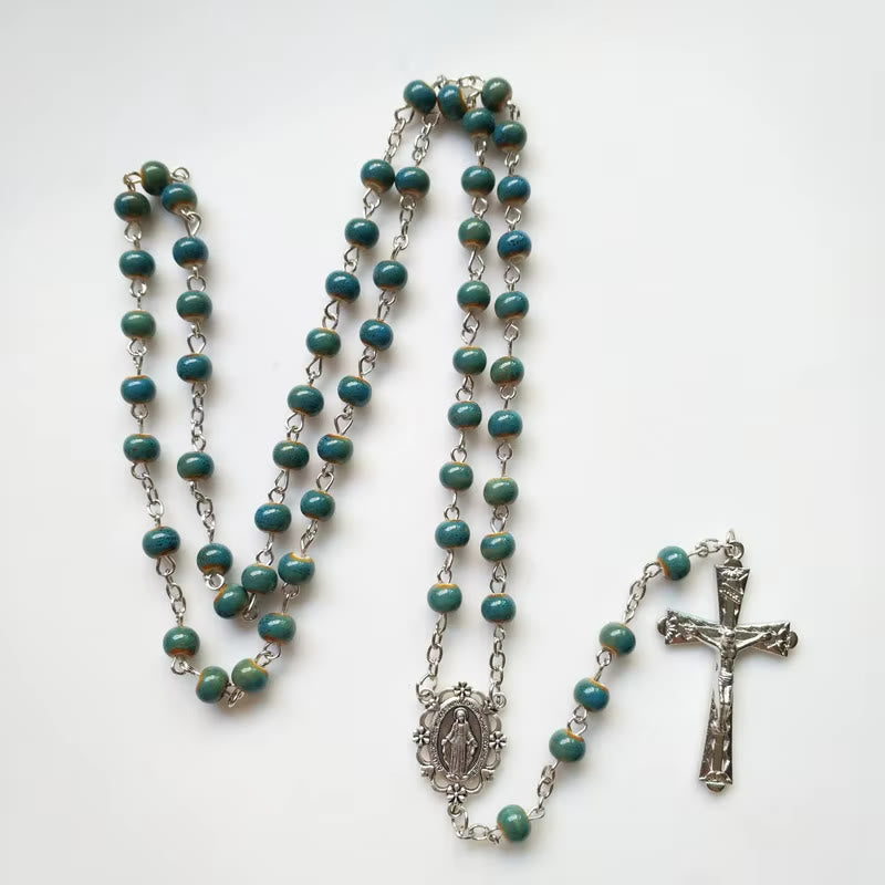 Miraculous Medal & Crucifix of 6 mm Round Blue Ceramic Alloy Chain Rosary