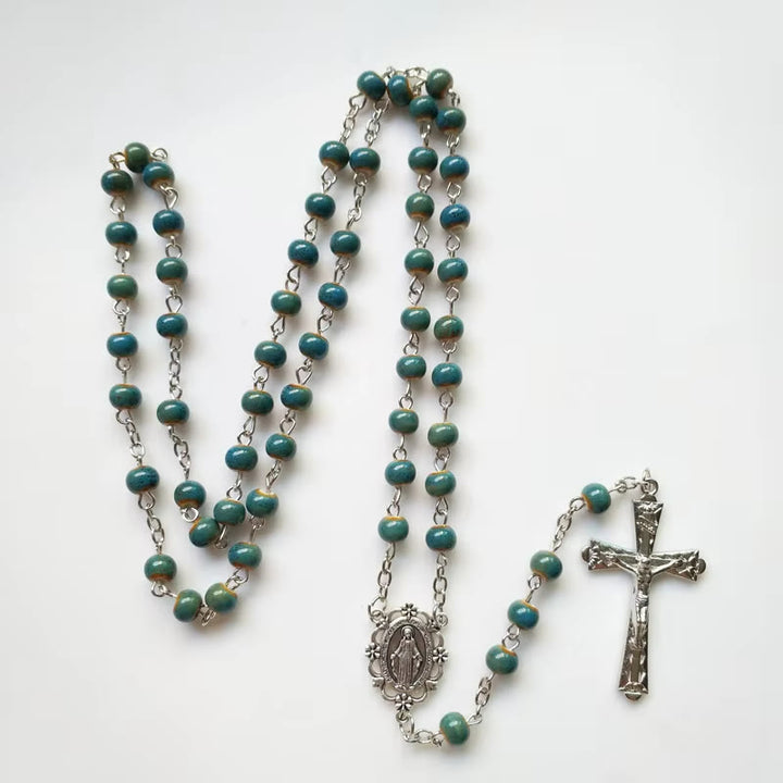 Miraculous Medal & Crucifix of 6 mm Round Blue Ceramic Alloy Chain Rosary