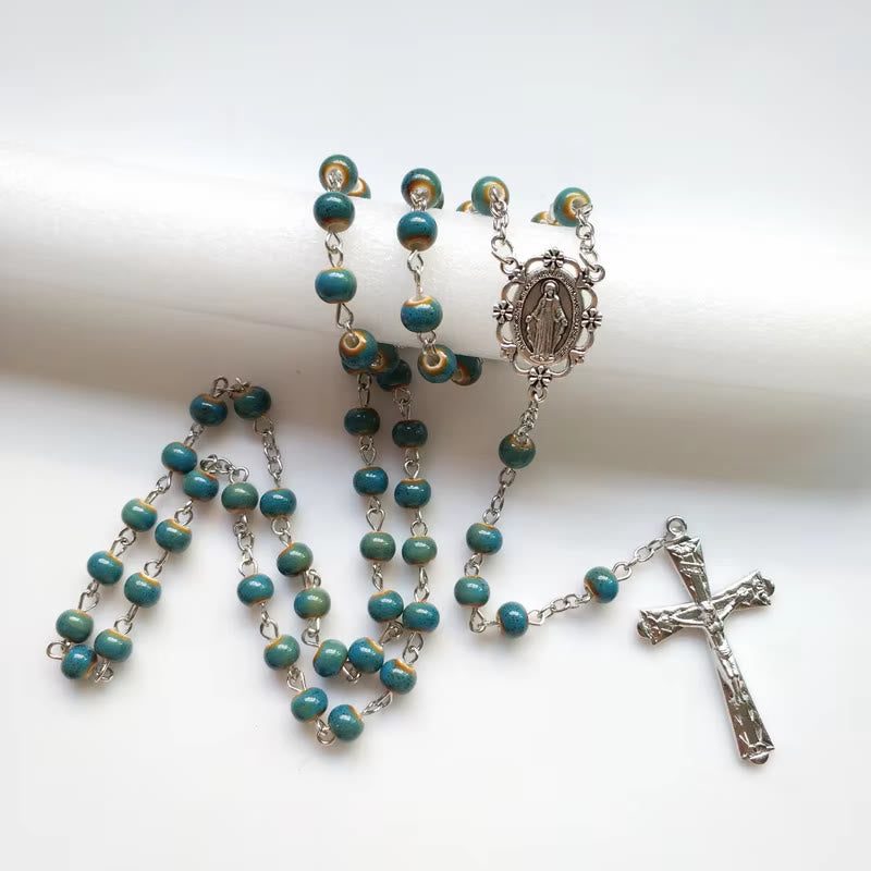 Miraculous Medal & Crucifix of 6 mm Round Blue Ceramic Alloy Chain Rosary