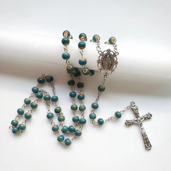 Miraculous Medal & Crucifix of 6 mm Round Blue Ceramic Alloy Chain Rosary