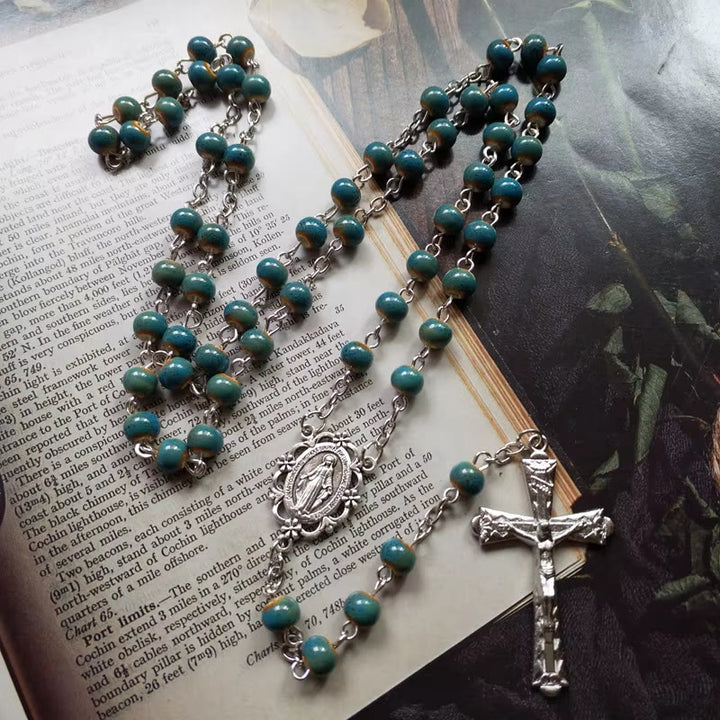 Miraculous Medal & Crucifix of 6 mm Round Blue Ceramic Alloy Chain Rosary