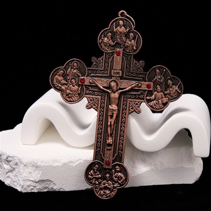 Classic Style Ornate Crucifix with All Saint Iconography & Red Gems Accents Pendant Necklace