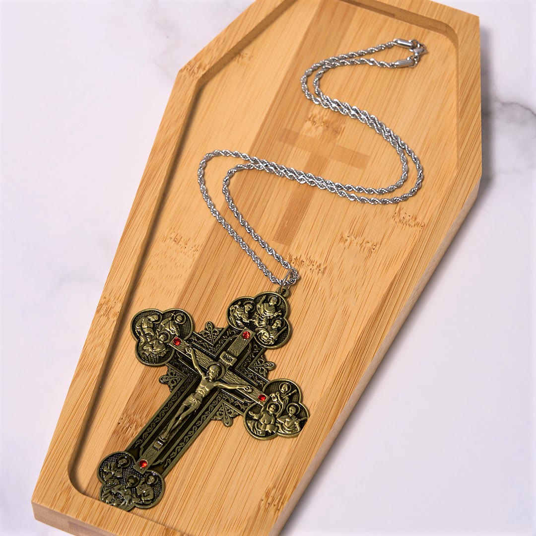 Classic Style Ornate Crucifix with All Saint Iconography & Red Gems Accents Pendant Necklace