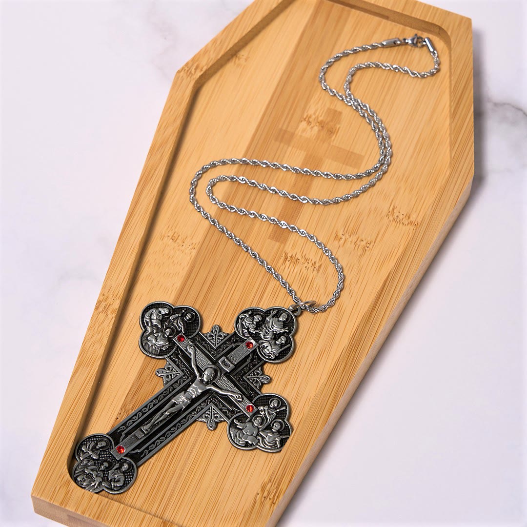 Classic Style Ornate Crucifix with All Saint Iconography & Red Gems Accents Pendant Necklace