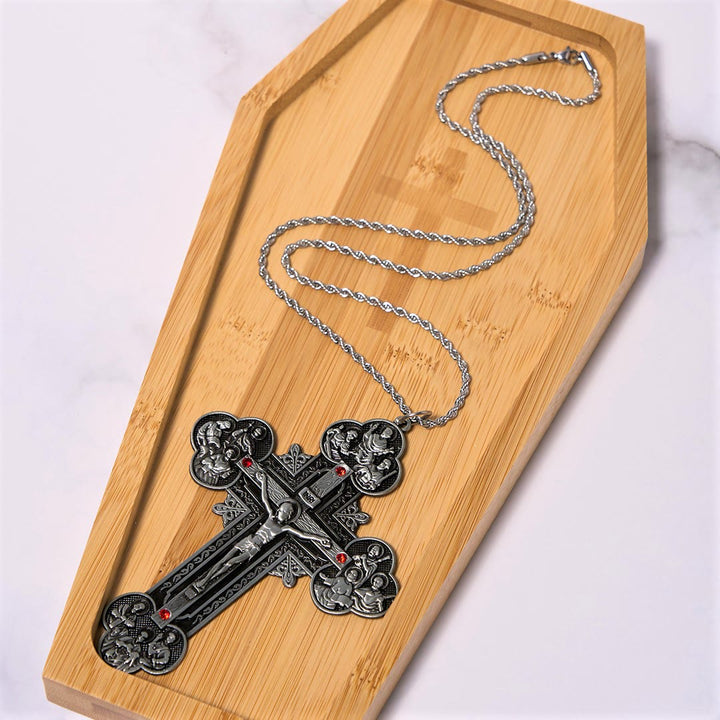 Classic Style Ornate Crucifix with All Saint Iconography & Red Gems Accents Pendant Necklace