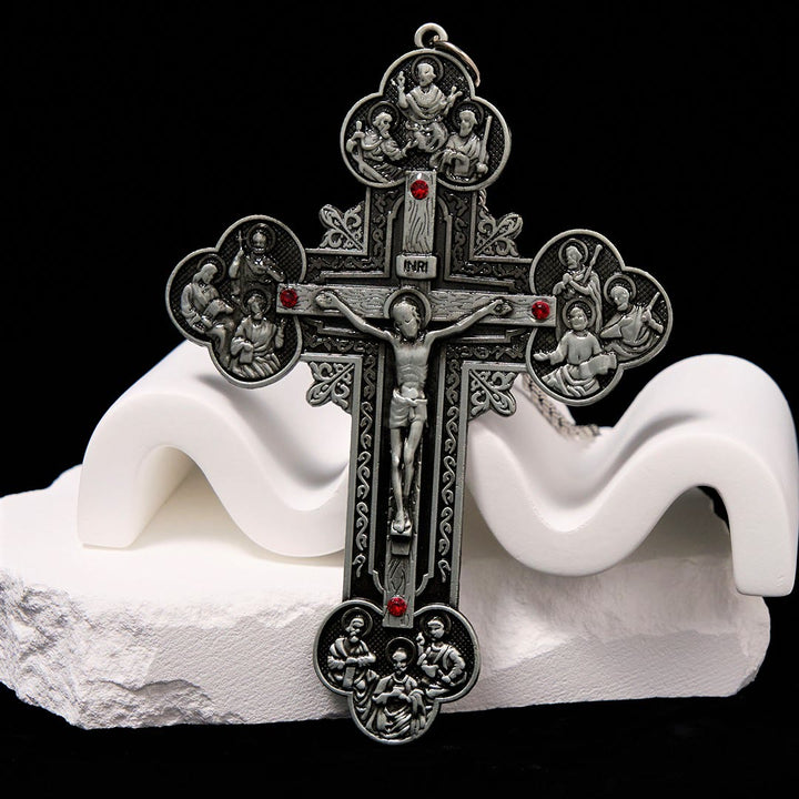 Classic Style Ornate Crucifix with All Saint Iconography & Red Gems Accents Pendant Necklace