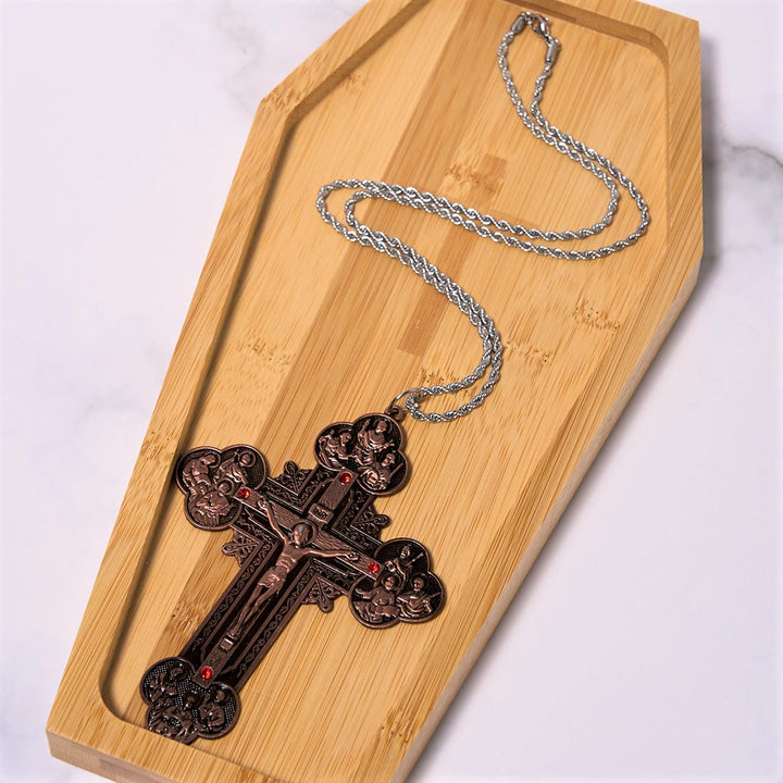 Classic Style Ornate Crucifix with All Saint Iconography & Red Gems Accents Pendant Necklace