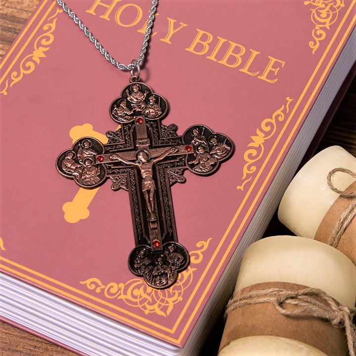 Classic Style Ornate Crucifix with All Saint Iconography & Red Gems Accents Pendant Necklace