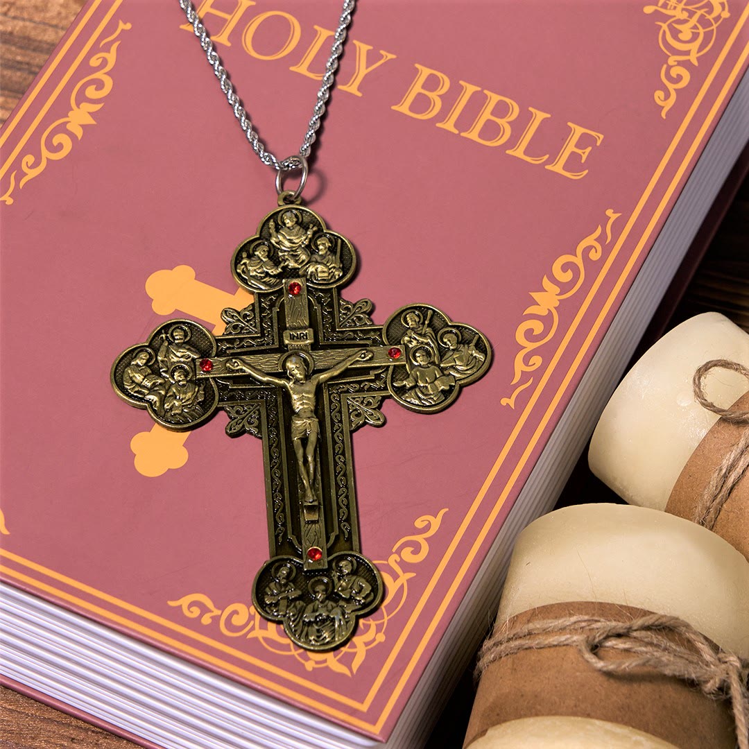 Classic Style Ornate Crucifix with All Saint Iconography & Red Gems Accents Pendant Necklace