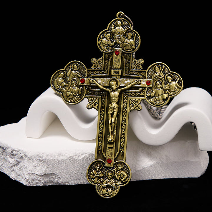 Classic Style Ornate Crucifix with All Saint Iconography & Red Gems Accents Pendant Necklace