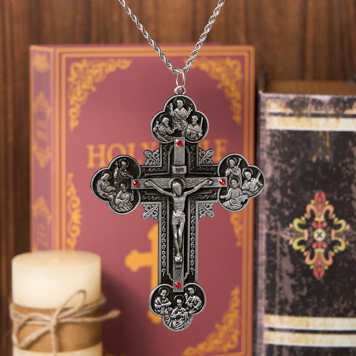 Classic Style Ornate Crucifix with All Saint Iconography & Red Gems Accents Pendant Necklace