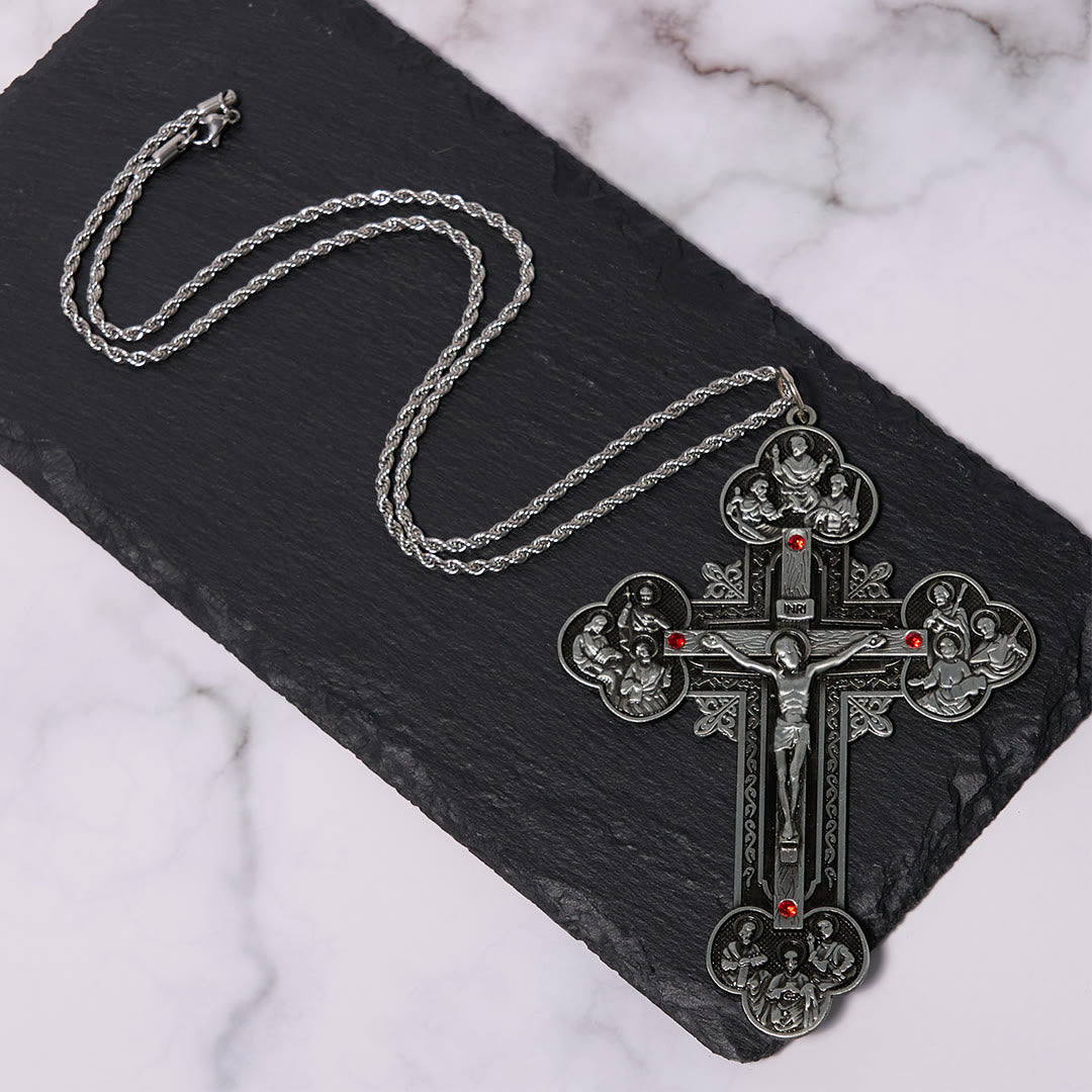 Classic Style Ornate Crucifix with All Saint Iconography & Red Gems Accents Pendant Necklace