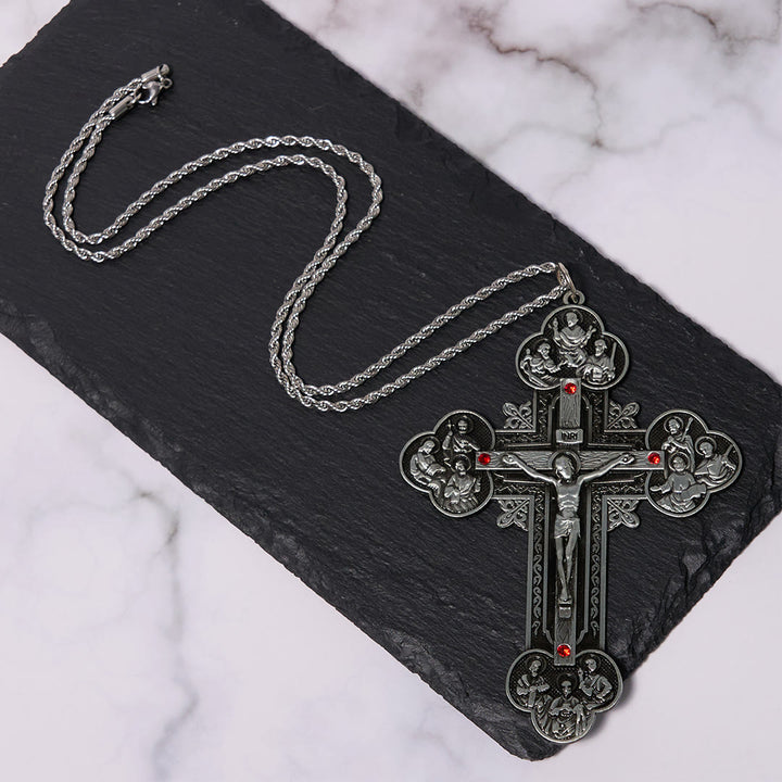 Classic Style Ornate Crucifix with All Saint Iconography & Red Gems Accents Pendant Necklace
