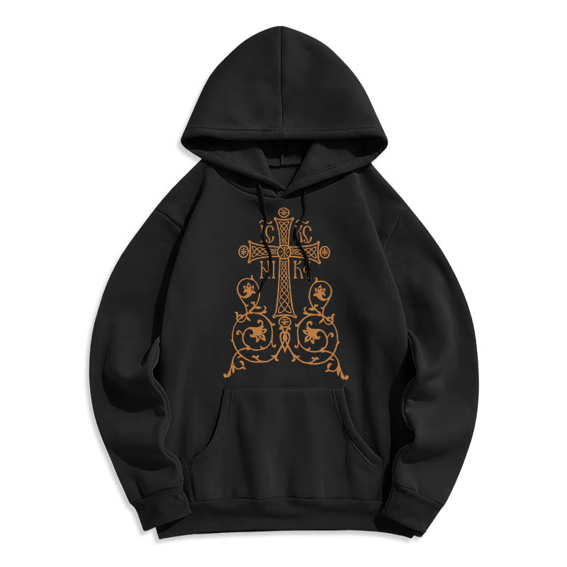 Classic Style Sacred Cross Emblem Floral Vines Fleece Lined Polyester Hoodie