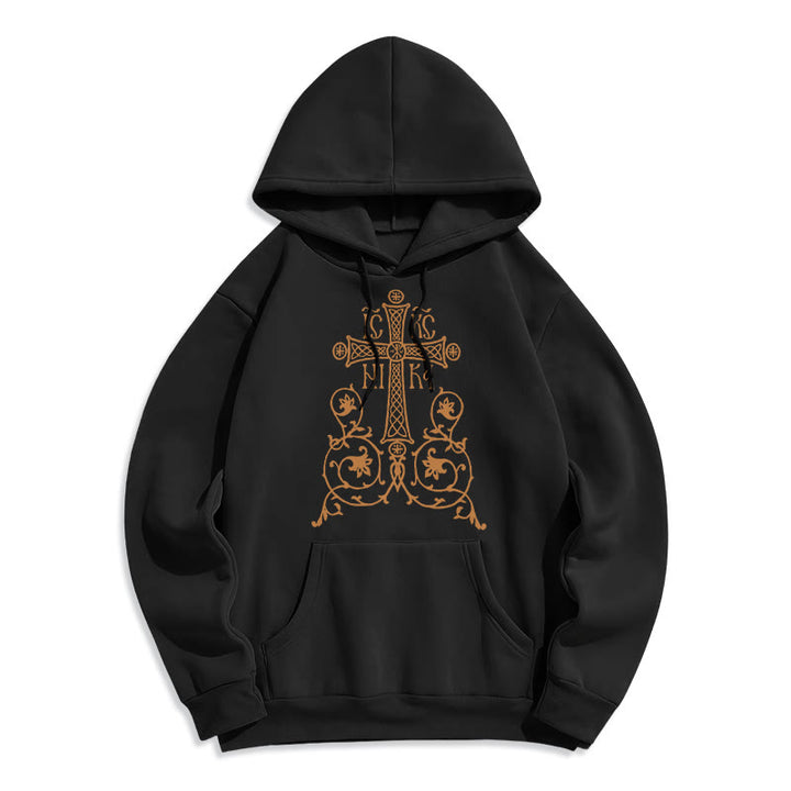 Classic Style Sacred Cross Emblem Floral Vines Fleece Lined Polyester Hoodie