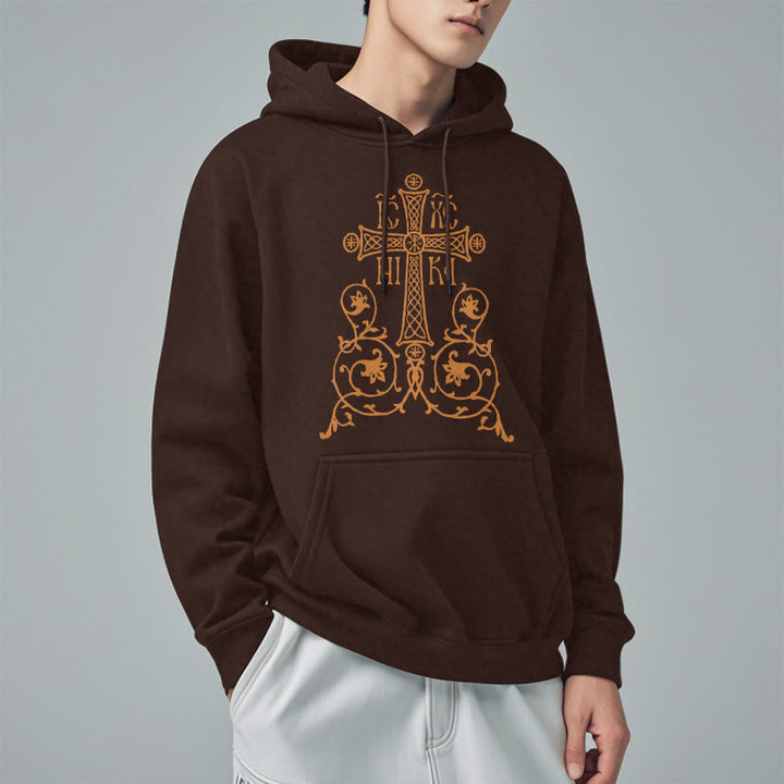 Classic Style Sacred Cross Emblem Floral Vines Fleece Lined Polyester Hoodie
