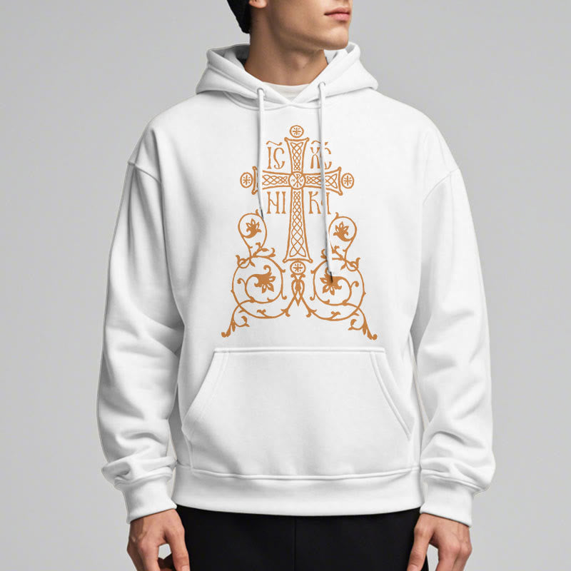 Classic Style Sacred Cross Emblem Floral Vines Fleece Lined Polyester Hoodie