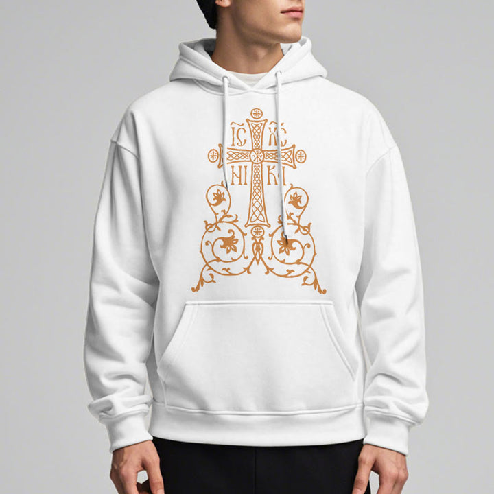 Classic Style Sacred Cross Emblem Floral Vines Fleece Lined Polyester Hoodie