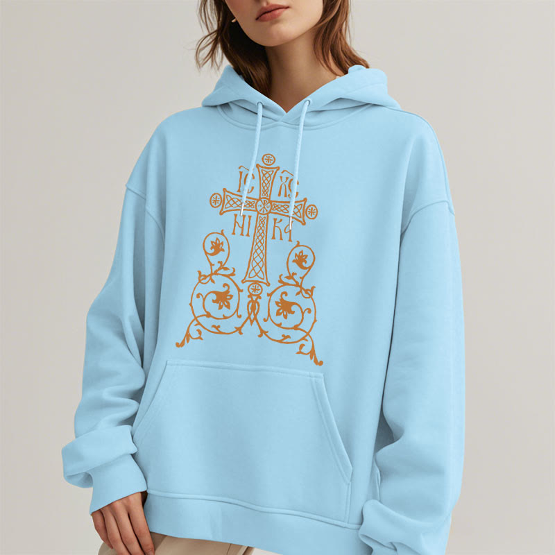 Classic Style Sacred Cross Emblem Floral Vines Fleece Lined Polyester Hoodie