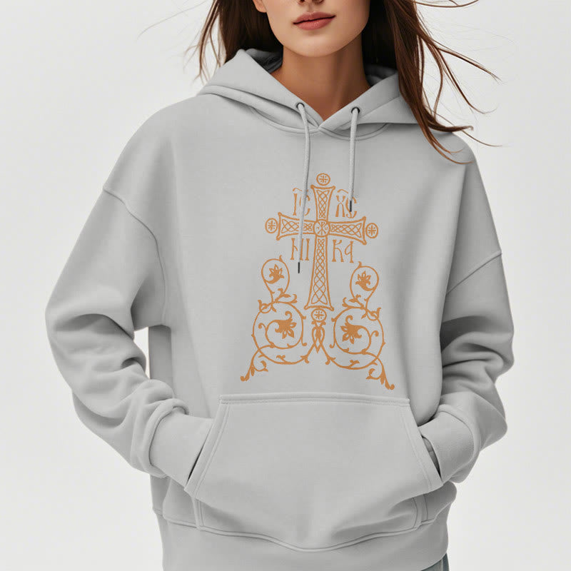 Classic Style Sacred Cross Emblem Floral Vines Fleece Lined Polyester Hoodie