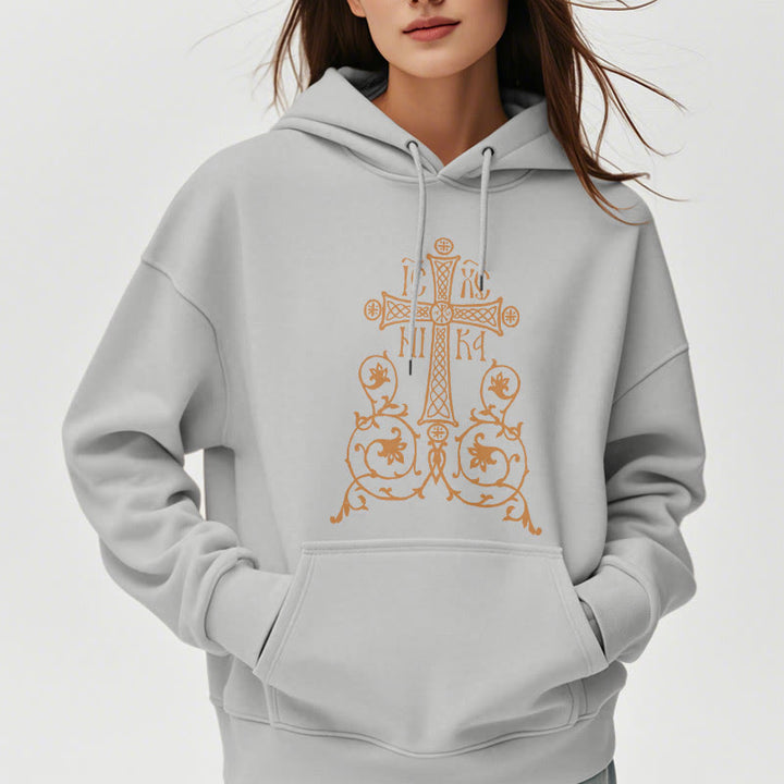 Classic Style Sacred Cross Emblem Floral Vines Fleece Lined Polyester Hoodie