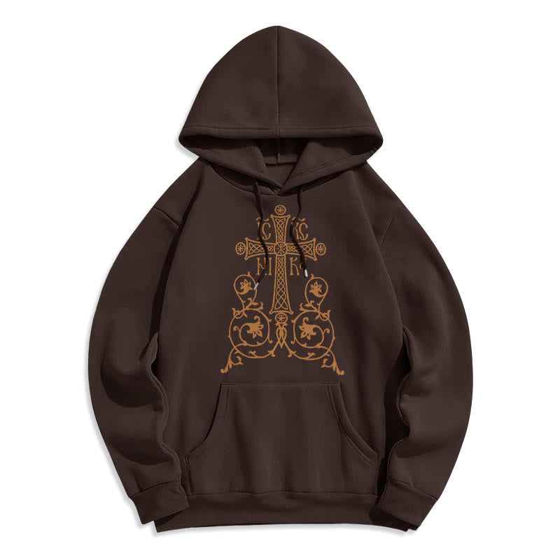 Classic Style Sacred Cross Emblem Floral Vines Fleece Lined Polyester Hoodie