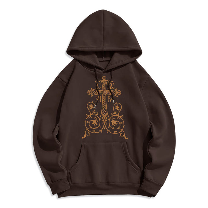 Classic Style Sacred Cross Emblem Floral Vines Fleece Lined Polyester Hoodie