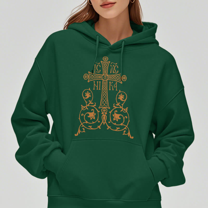 Classic Style Sacred Cross Emblem Floral Vines Fleece Lined Polyester Hoodie