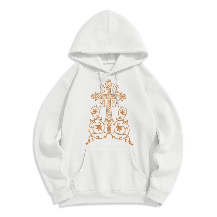 Classic Style Sacred Cross Emblem Floral Vines Fleece Lined Polyester Hoodie