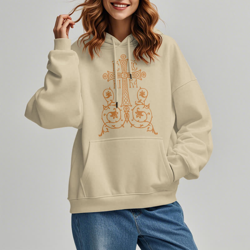 Classic Style Sacred Cross Emblem Floral Vines Fleece Lined Polyester Hoodie