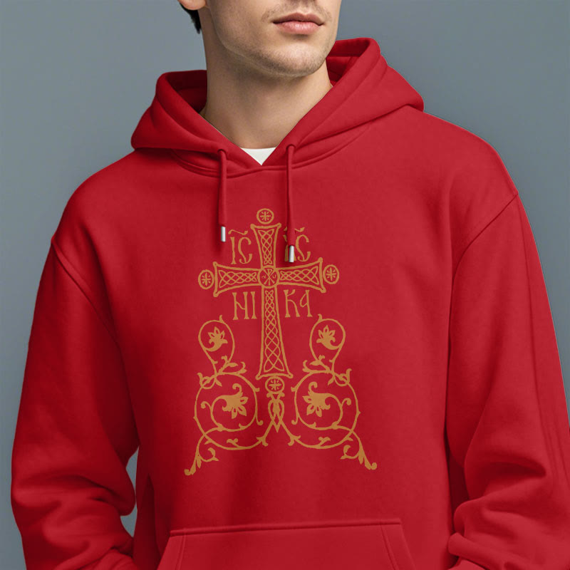 Classic Style Sacred Cross Emblem Floral Vines Fleece Lined Polyester Hoodie