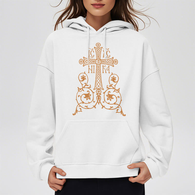 Classic Style Sacred Cross Emblem Floral Vines Fleece Lined Polyester Hoodie