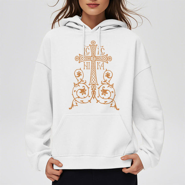 Classic Style Sacred Cross Emblem Floral Vines Fleece Lined Polyester Hoodie