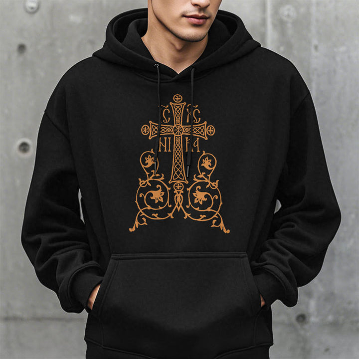 Classic Style Sacred Cross Emblem Floral Vines Fleece Lined Polyester Hoodie