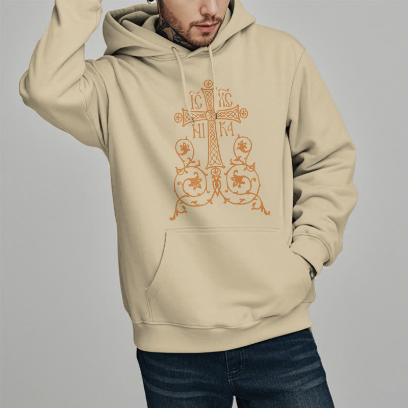 Classic Style Sacred Cross Emblem Floral Vines Fleece Lined Polyester Hoodie