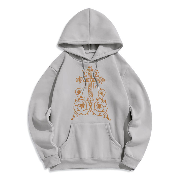 Classic Style Sacred Cross Emblem Floral Vines Fleece Lined Polyester Hoodie