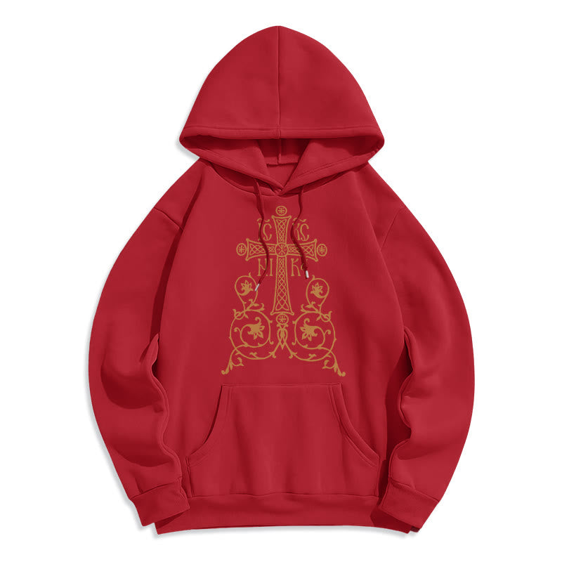 Classic Style Sacred Cross Emblem Floral Vines Fleece Lined Polyester Hoodie